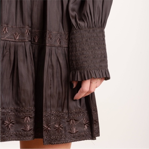 Ulla Johnson Noir Angelica Mock Neck Smocked Mini Dress Size 2 Embroidered Brown - Picture 16 of 16